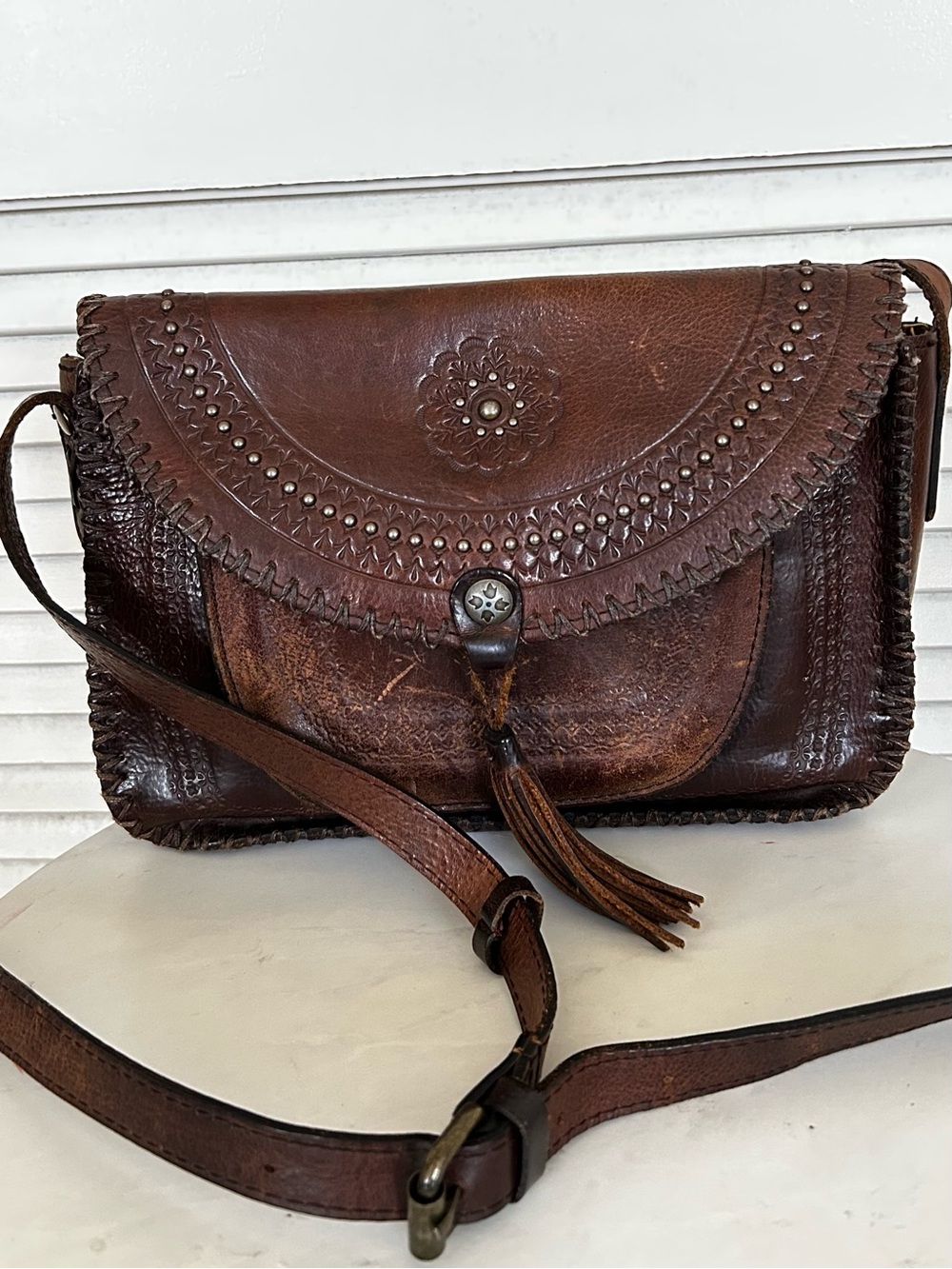 Patricia Nash Leather Crossbody Beaumont Brown Distressed Hand Bag